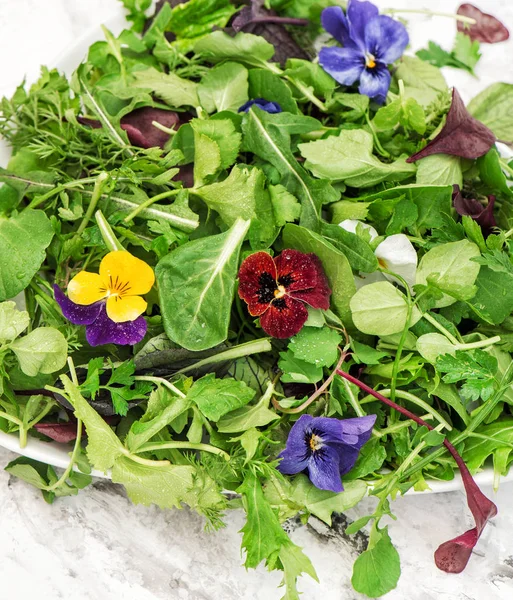 Saláta levelek kerti növények ehető virágok élelmiszer-háttér — Stock Fotó