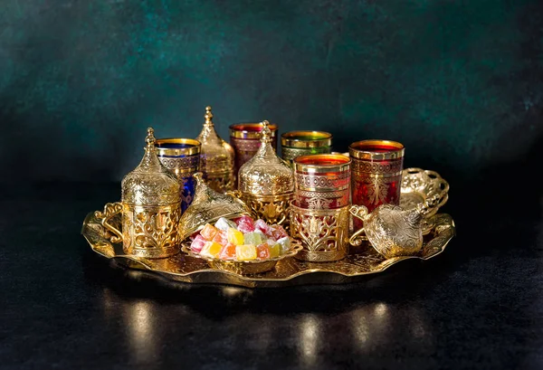 Tea table golden dishes Oriental hospitality Ramadan — Stock Photo, Image