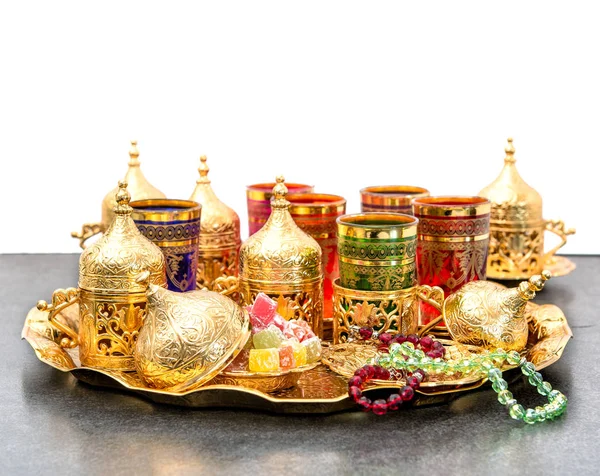 Arabskiej herbaty stolik różaniec kareem Ramadan mubarak — Zdjęcie stockowe