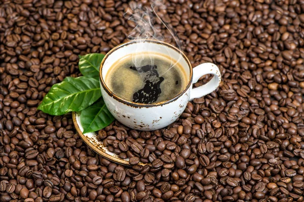 블랙 커피 녹색 나뭇잎 caffee 콩 배경 — 스톡 사진