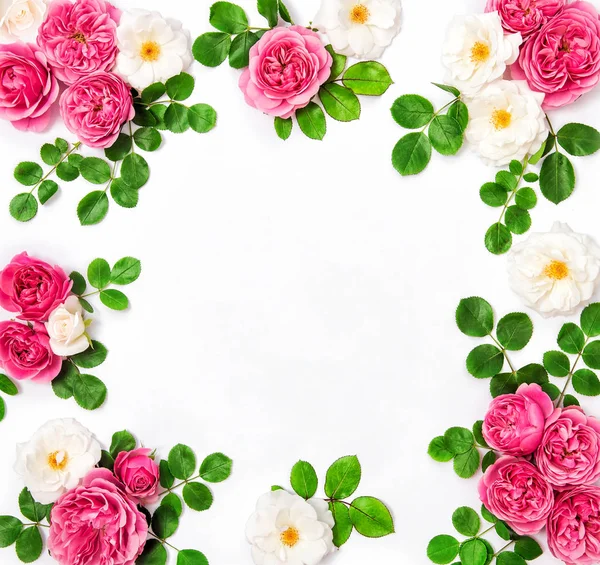 Wit roze roze bloemen Floral plat lag frame achtergrond — Stockfoto