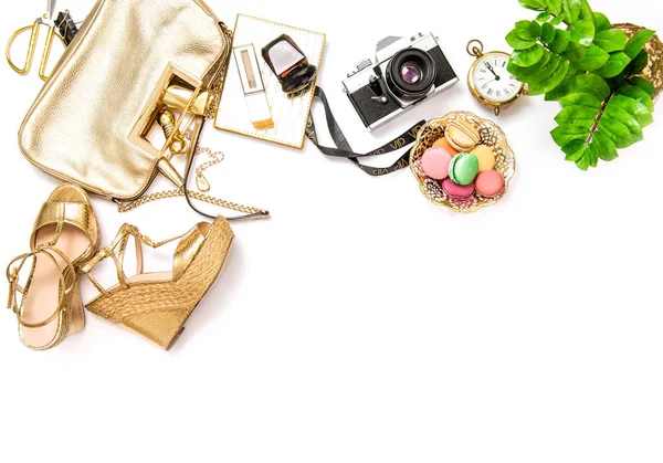 Flat lay social media fashion bloggers Bag shoes photo camera — Stock Photo, Image