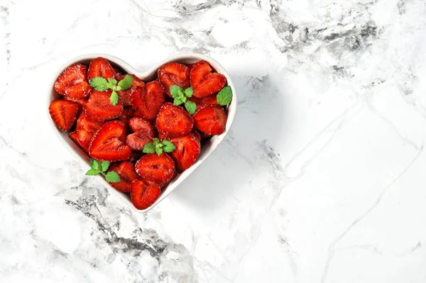 Strawberry fruits heart marble background Food Berries — Stock Photo, Image