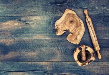 Mutfak mutfak eşyaları oklava harç ahşap tahta vintage