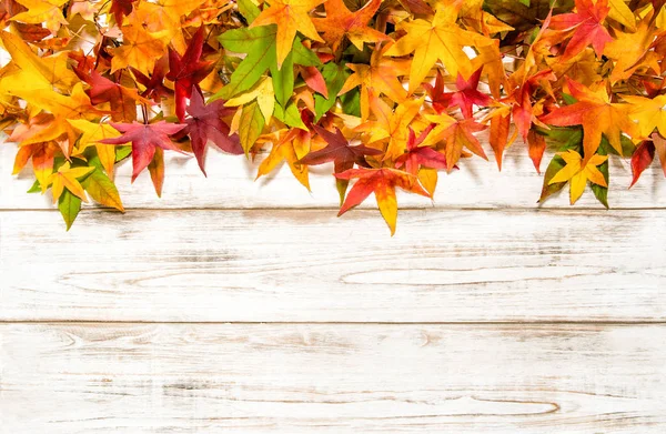 Autumn leaves rustic wooden background — Stock Photo, Image