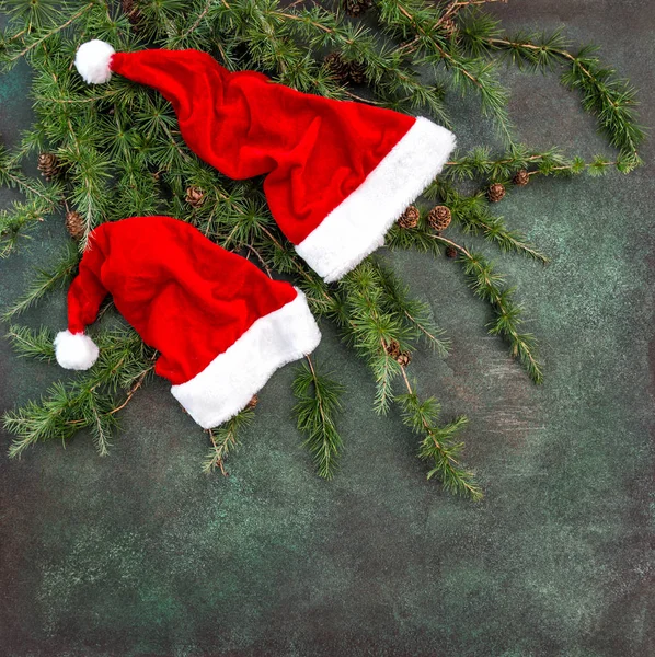 Christmas tree branches Santa Claus red hat — Stock Photo, Image