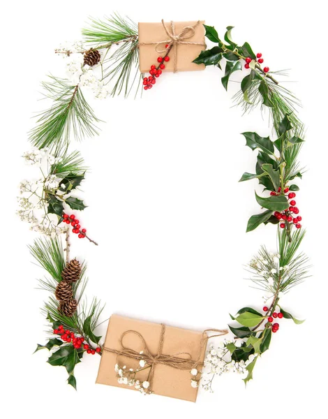Karácsonyi dekoráció ajándék növények kúp virágos lapos lay — Stock Fotó