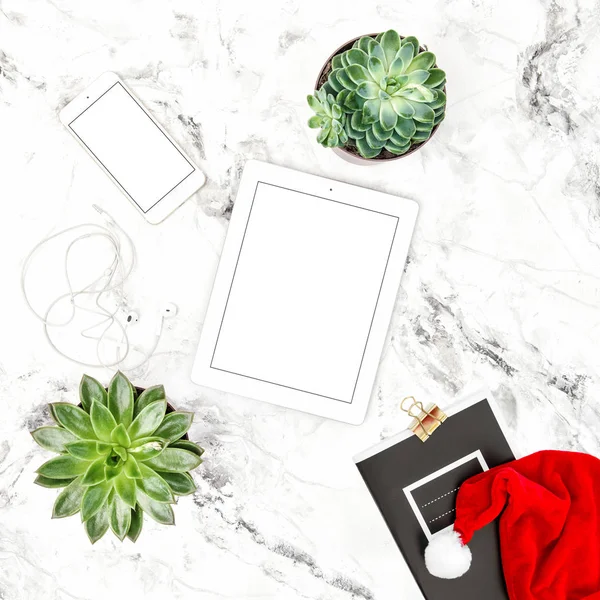 Tablette PC succulente Table de bureau Flat lay Noël — Photo