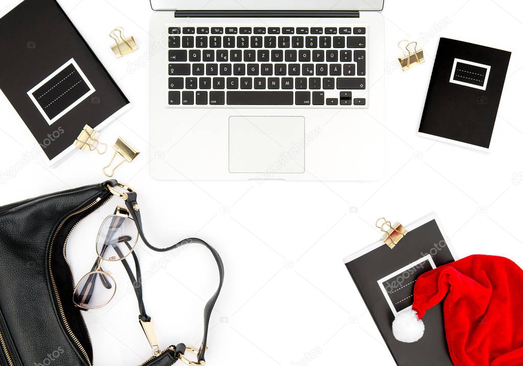 Working place Christmas decoration flat lay social media
