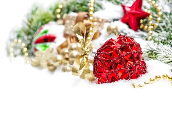 Christmas tree branches red bauble golden decoration snow orname — Stock Photo, Image