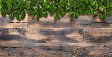 Ahşap arka plan Christmas dekorasyon çam ağacı dalları