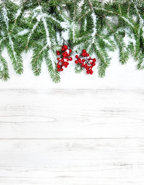 Julgran grenar röda bär dekoration snö — Stockfoto