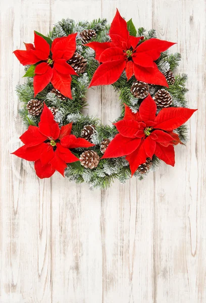 Χριστουγεννιάτικο στεφάνι κόκκινο poinsettia λουλούδια ξύλινο υπόβαθρο — Φωτογραφία Αρχείου