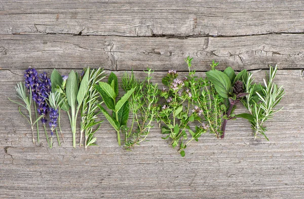 Ervas frescas mesa de cozinha de madeira Fundo alimentar — Fotografia de Stock