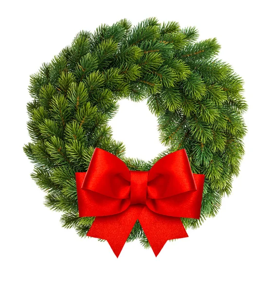 Natal coroa de flores vermelho fita arco isolado branco — Fotografia de Stock