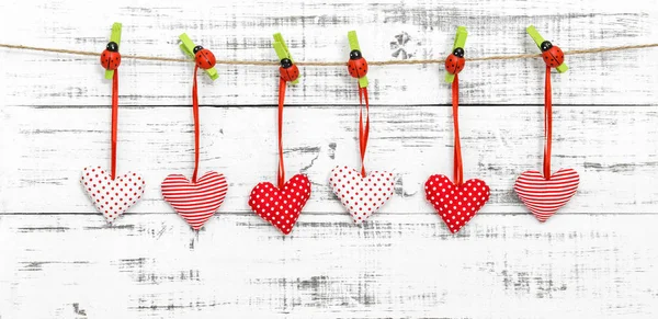 Appeso San Valentino cuori rossi decorazione coccinella — Foto Stock