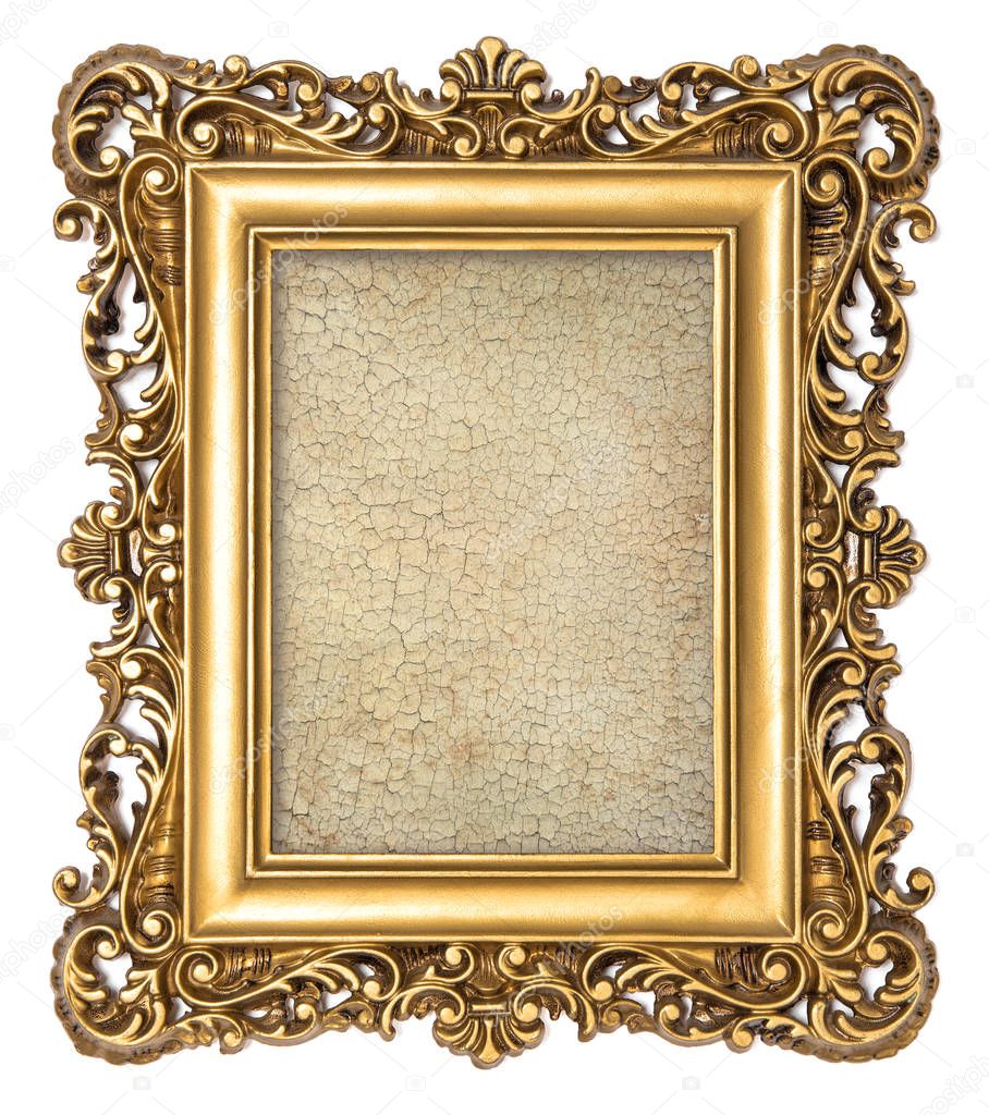 Vintage golden frame empty grunge cracked canvas