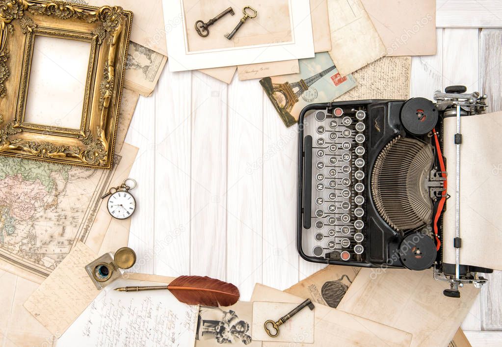 Vintage office accessories Flat lay still life Antique typewrite