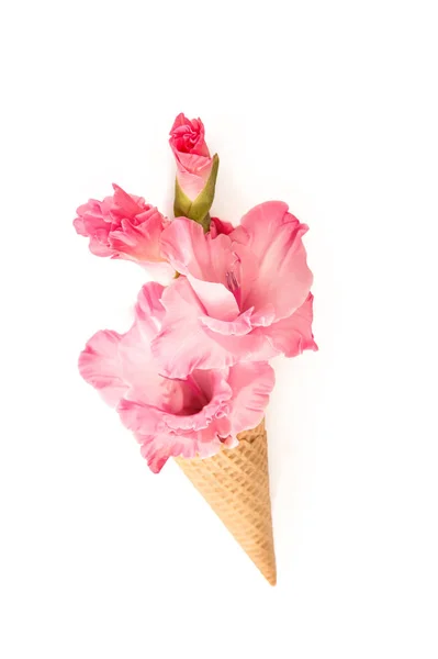 Rózsaszín virágok fagylalt waffle kúp lapos feküdt — Stock Fotó