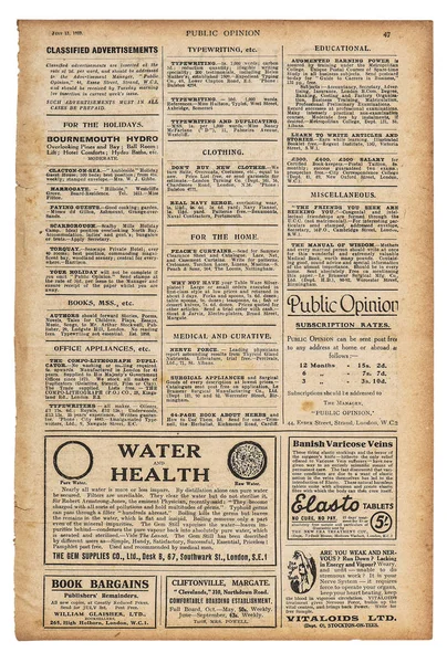 Usado página de papel inglês texto publicidade Vintage jornal — Fotografia de Stock