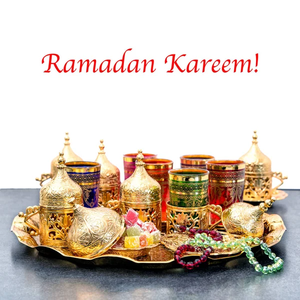 Arabic tea coffee table rosary Ramadan kareem mubarak — Stock Photo, Image