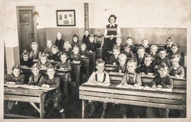 Children classmates teacher classroom Vintage photo clipart