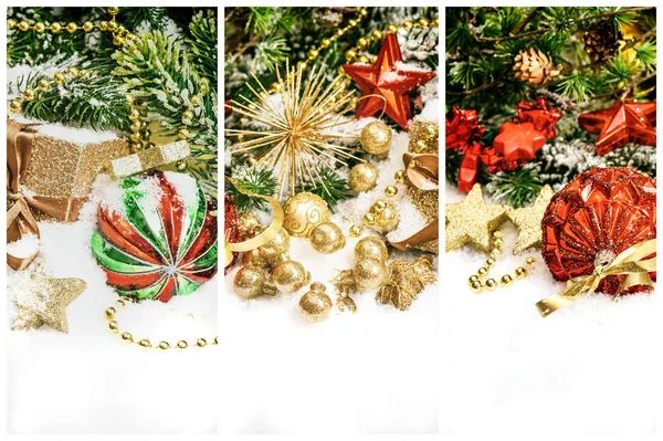 Christmas decorations red green gold Holidays greetings card — Stock Photo, Image