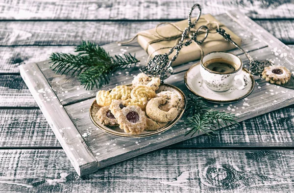 Christmas cookies coffee decorations vintage — Stock Photo, Image