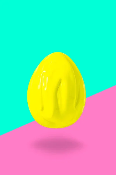 Yellow Easter egg decor trendy pink blue background — Stok fotoğraf