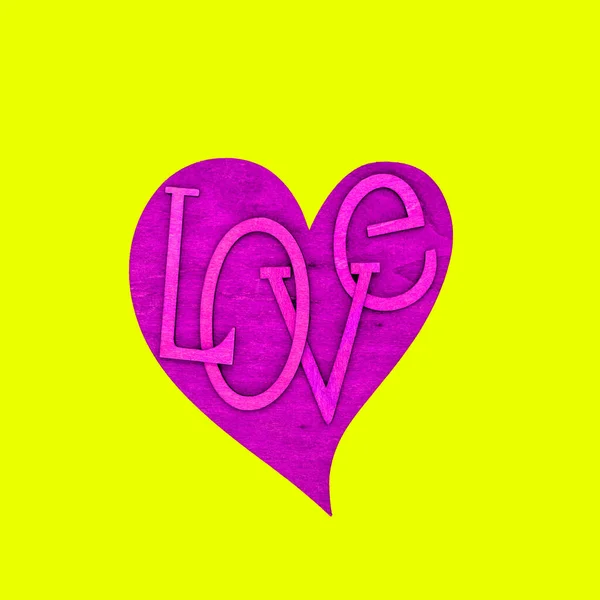 Magenta pink heart neon yellow background Love Valentines day — Stockfoto
