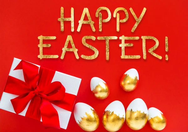 Happy Easter Golden Easter Eggs Decoration Gift Box Red Background — Stock Photo, Image