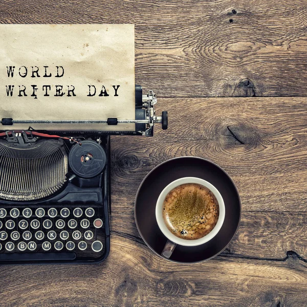 World Writer Day Antique Typewriter Black Coffee — Stock Photo, Image