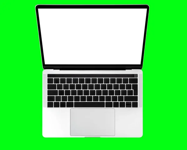 Laptop Klawiatura Komputerowa Białym Ekranem Izolowane Zielonym Tle — Zdjęcie stockowe
