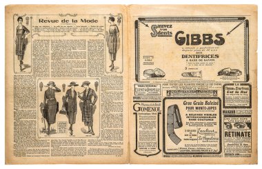 Used paper background. Newspaper pages with vintage advertising and fashion clipart