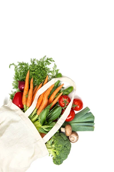 Vegetables Cotton Bag Tomato Cucumber Broccoli Carrots Salad Zero Waste — Stock Photo, Image