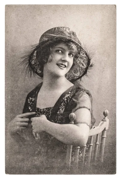Vintage Retrato Jovem Mulher Retro Chapéu Moda — Fotografia de Stock