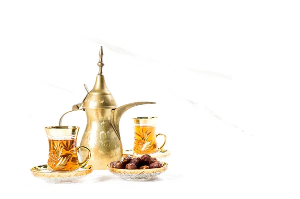 Tea Glasses Dates White Background Oriental Decoration — Stock Photo, Image