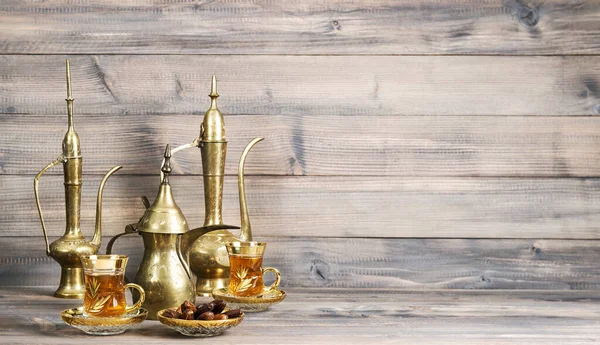 Tea Table Dates Golden Oriental Decoration Wooden Background — Stock Photo, Image