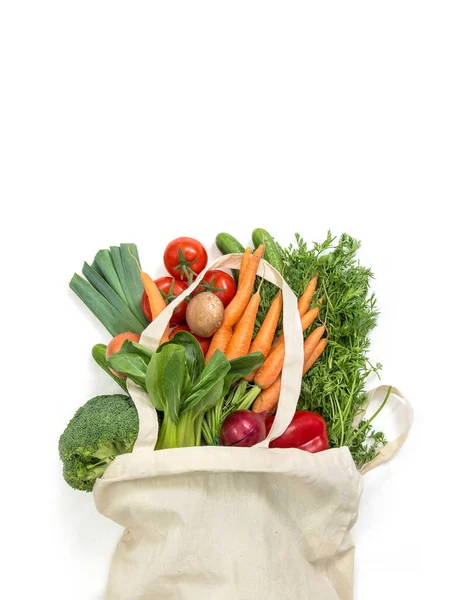Färska Grönsaker Bomullspåse Livsmedelsleverans Tomat Morötter Sallad Gurka Broccoli — Stockfoto