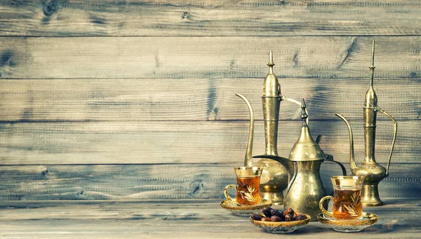 Oriental Tea Table Decoration Rustic Wooden Background — Stock Photo, Image