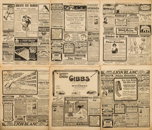 Kullanılmış Kağıt Arka Plan Eski Gazete Sayfasında Klasik Reklamlar Var — Stok fotoğraf