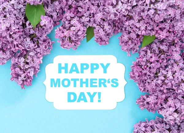 Lilac Flowers Greetings Card Blue Background Happy Mothers Day — Stock Photo, Image