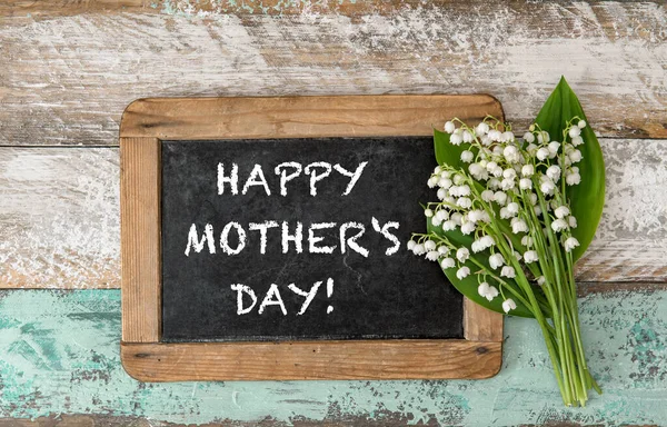 Lily Valley Flowers Chalkboard Rustic Wooden Background Happy Mothers Day — Stock Photo, Image