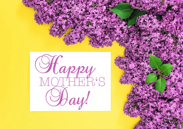 Happy Mothers Day Lilac Flowers Yellow Background — Stock Photo, Image