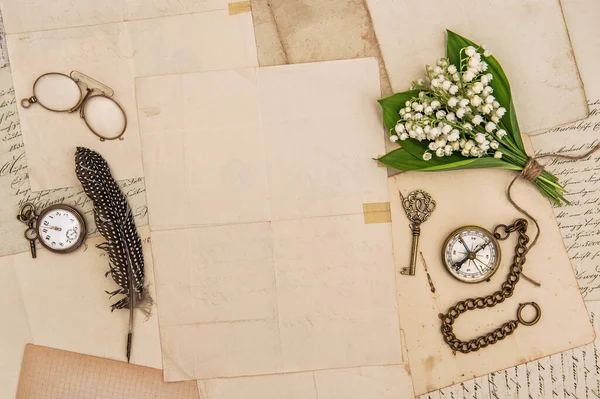 Papel Usado Pluma Pluma Accesorios Antiguos Lirio Primavera Las Flores — Foto de Stock