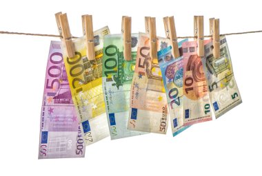 Money background. Euro banknotes hanging a rope with clothes pins clipart