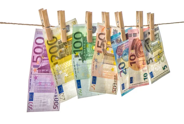 Geld Achtergrond Eurobankbiljetten Die Een Touw Met Wasknijpers Ophangen — Stockfoto