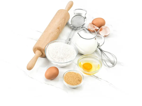 Food Ingredients Eggs Flour Sugar Milk Kitchen Tools Dough Preparation — Stock Photo, Image