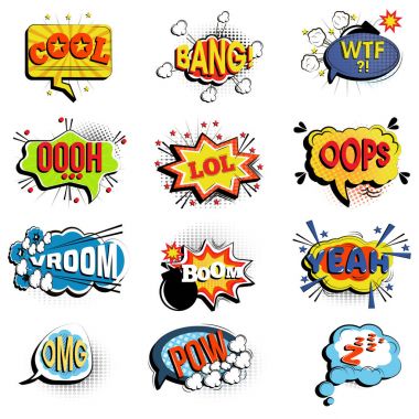 Komik konuşma balonları. Onomatopoeic ifadeleri