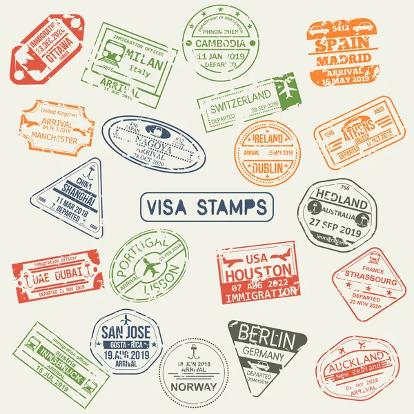 Készlet-ból elszigetelt visa útlevél bélyegek — Stock Vector